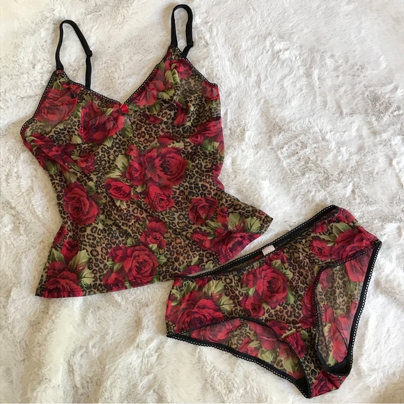 RARE SET Victoria’s‎ Secret Y2K Red Rose Animal Print Mesh Cami/Panty 2pc NWOT - Picture 9 of 10